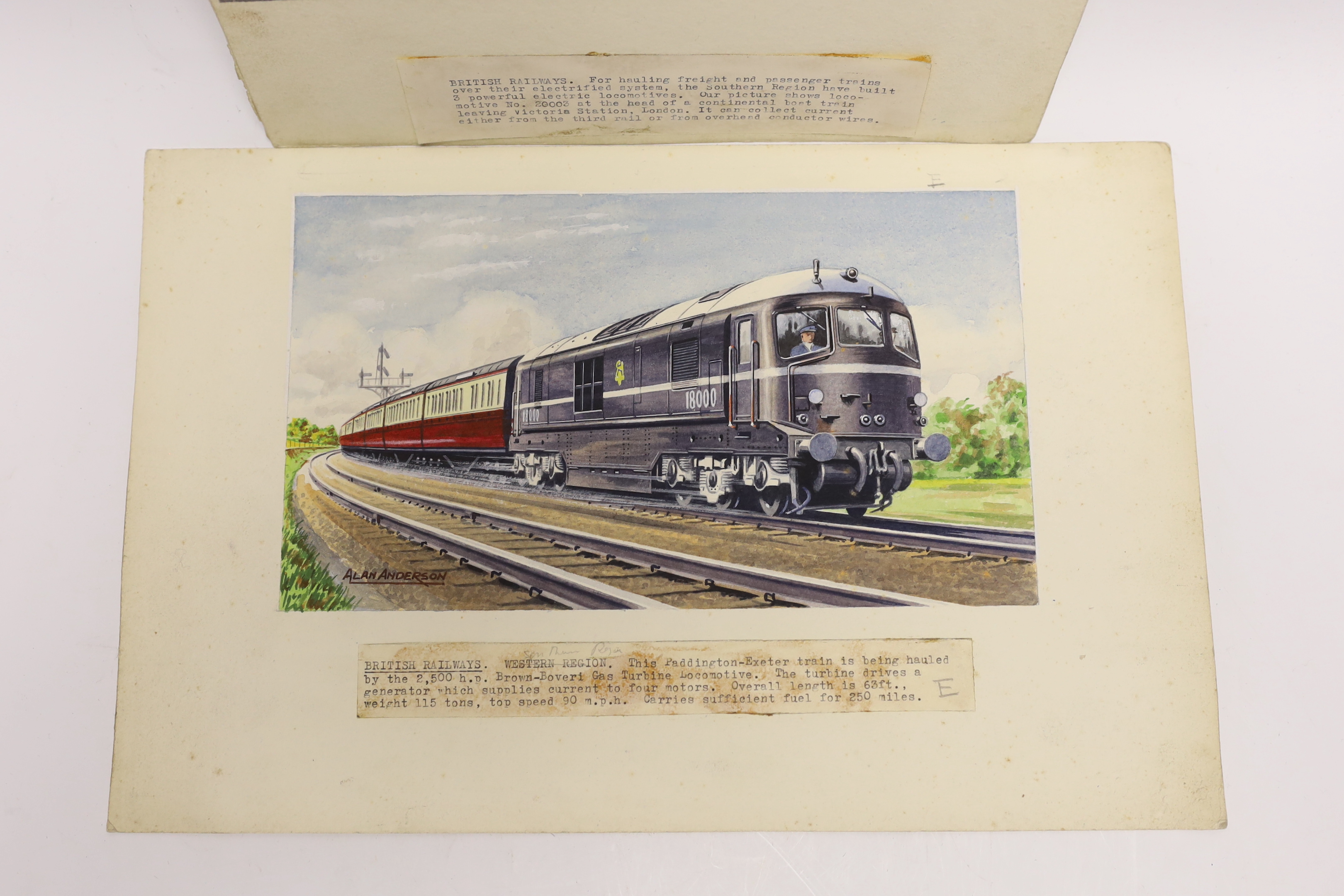 Alan Anderson, two watercolours, a BR Class 70 electric locomotive leaving Victoria Station, and a gas turbine locomotive 18000, 15.5 x 27cm, both signed